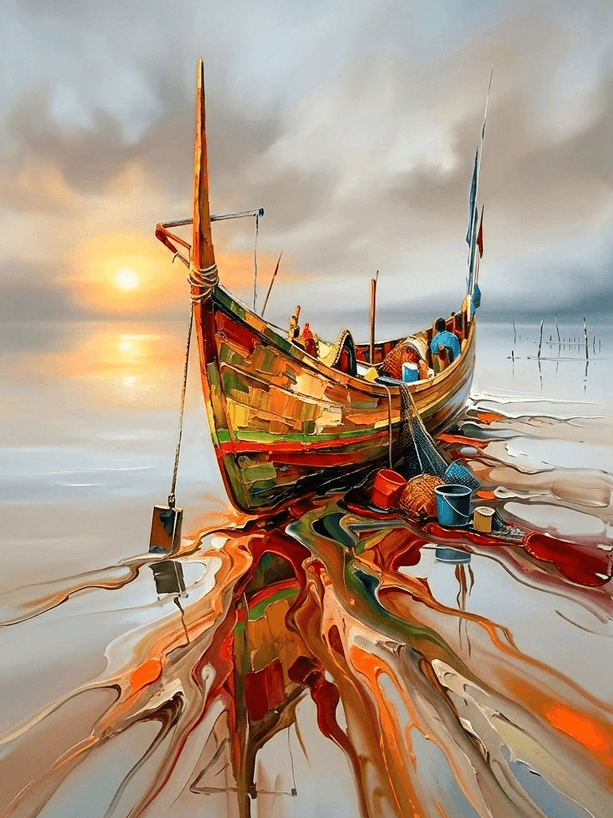 Sunset Fishing Boat Canvas