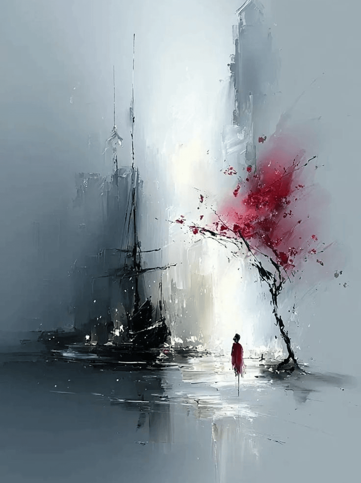 Red Tree Misty Harbor Art